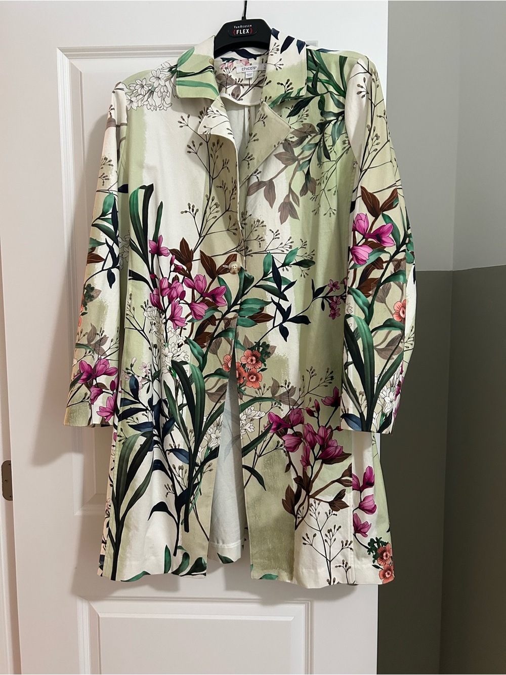 Chico’s Floral Print Long Jacket - Green & Pink Size XL